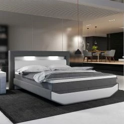 180x200 Design-Boxspringbett Mit LED Kopfteil - Poro -Valganios Sales 180x200 design boxspringbett mit led kopfteil in grau weiss poro 02