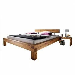 Balken-Doppelbett Mit Nachttischen Im Set Housten Aus Wildeiche Massiv (dreiteilig)