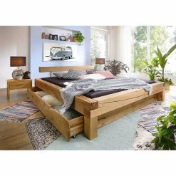 Balken Wildeiche Bett & Nachttische - Satton I (dreiteilig) -Valganios Sales balken wildeiche bett nachttische optional mit bettkasten satton i 02