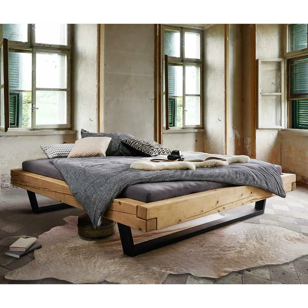 Balkenbett ohne Kopfteil aus Fichte Massivholz - Lary Balkenbett Ohne Kopfteil Aus Fichte Massivholz - Lary -Valganios Sales balkenbett ohne kopfteil aus fichte massivholz mit buegelbeinen metall schwarz lary 01