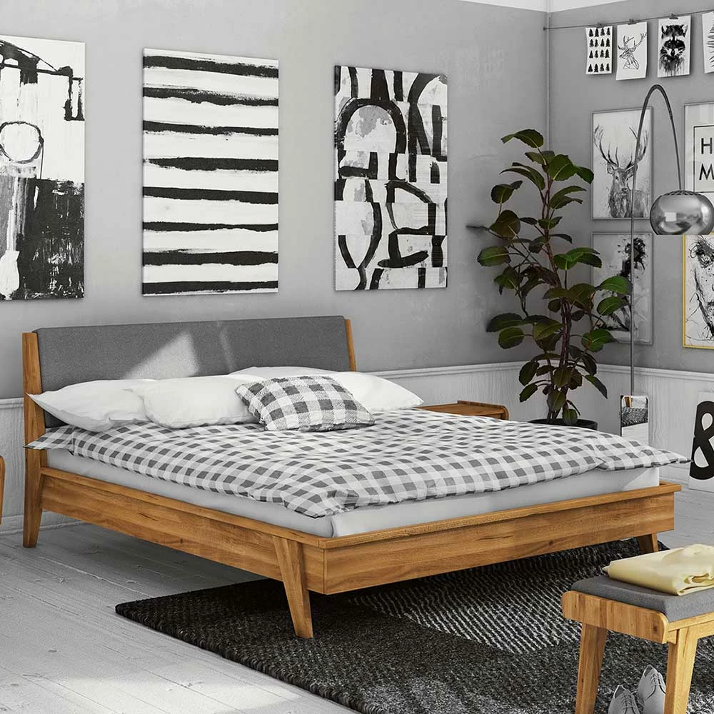 Bett mit 210cm Länge aus Wildeiche - Hardus Bett Mit 210cm Länge Aus Wildeiche - Hardus -Valganios Sales bett mit 210cm laenge aus wildeiche natur geoelt mit stoff hellgrau hardus 01