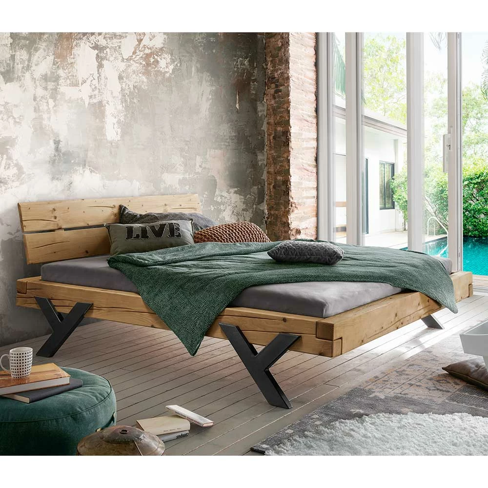 Design Balkenbett aus Fichte rustikal - Rucia Design Balkenbett Aus Fichte Rustikal - Rucia -Valganios Sales design balkenbett aus fichte rustikal mit metallbeinen in schwarz rucia 01