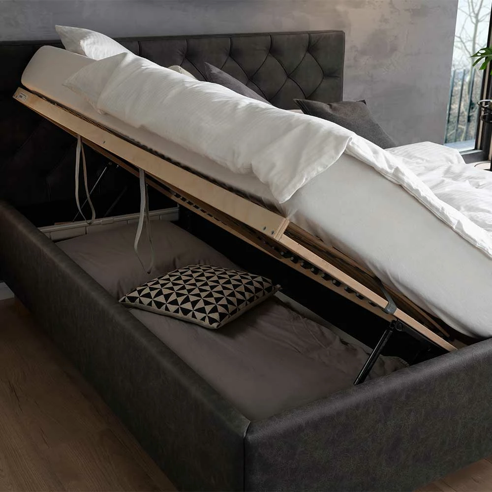 Ehebett mit Bettkasten in Anthrazit - Globals Ehebett Mit Bettkasten In Anthrazit - Globals -Valganios Sales ehebett mit bettkasten in anthrazit mit eiche holzfuessen 2 groessen globals 02