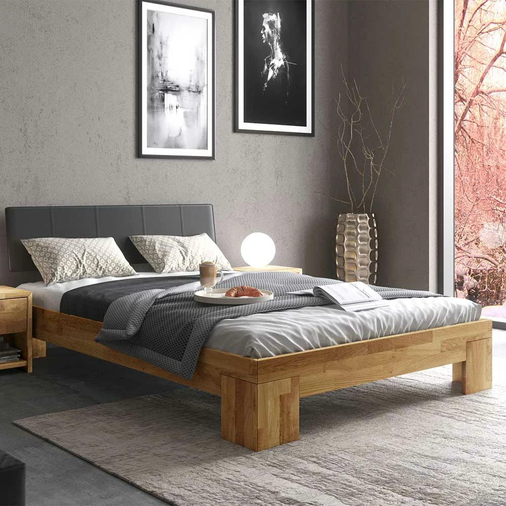 Eiche Bettgestell mit Kunstleder Kopfteil - Mandevilla Eiche Bettgestell Mit Kunstleder Kopfteil - Mandevilla -Valganios Sales eiche bettgestell mit kunstleder kopfteil in schwarz mandevilla 01