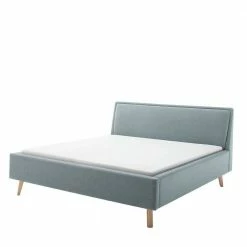 Gepolstertes Bettgestell In Hellblau & Eiche Natur - Adea
