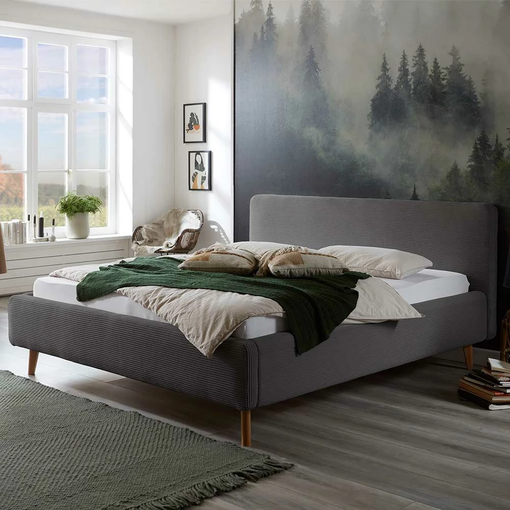 Graues Polsterbett mit Cord Bezug - Danae Graues Polsterbett Mit Cord Bezug - Danae -Valganios Sales graues polsterbett mit cord bezug holzbeinen aus eiche danae 01