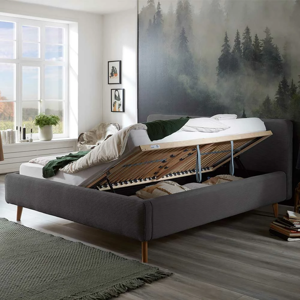 Graues Polsterbett mit Cord Bezug - Danae Graues Polsterbett Mit Cord Bezug - Danae -Valganios Sales graues polsterbett mit cord bezug holzbeinen aus eiche danae 02