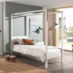 Holz Himmelbett In Weiß Mit Lattenrost - Irmla 3 Holz Himmelbett In Weiß Mit Lattenrost - Irmla -Valganios Sales holz himmelbett in weiss mit lattenrost in 90x200cm oder 140x200cm irmla 01