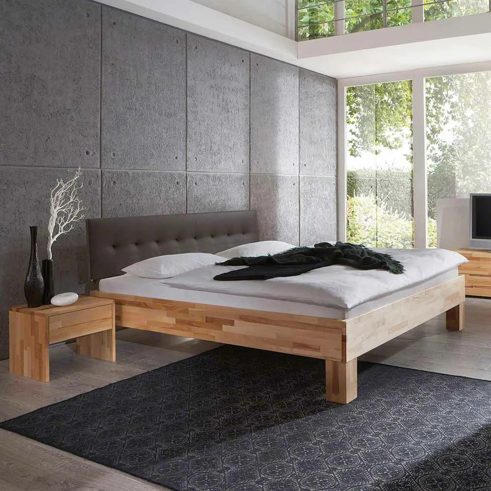 Holzbett massiv Wins mit Polster-Kopfteil Kunstleder Braun Holzbett Massiv Wins Mit Polster-Kopfteil Kunstleder Braun -Valganios Sales holzbett massiv polster kopfteil kunstleder braun kernbuche natur geoelt wins 01