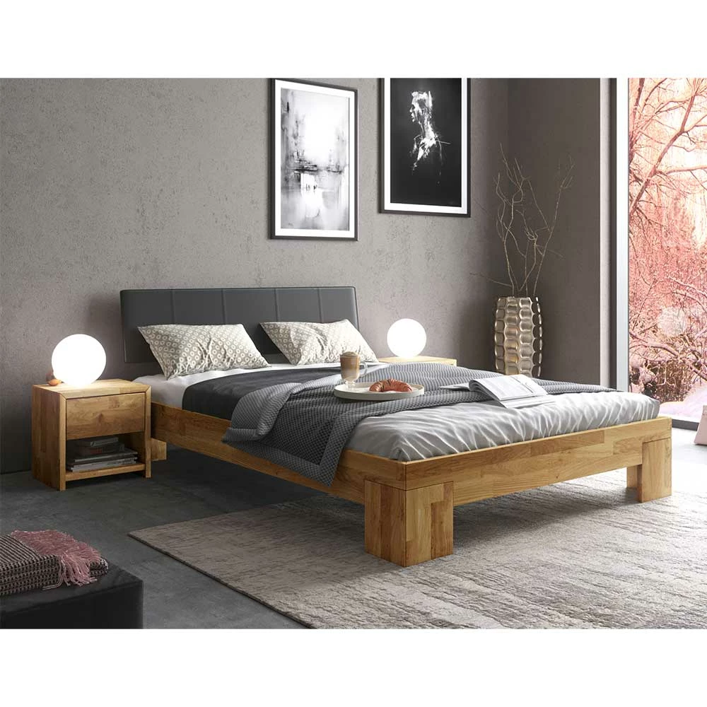 Holzbett & Nachtkommoden aus Eiche - Norte (dreiteilig) Holzbett & Nachtkommoden Aus Eiche - Norte (dreiteilig) -Valganios Sales holzbett nachtkommoden aus eiche mit kunstleder schwarz norte 01