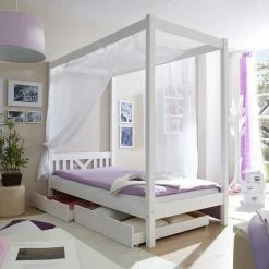 Kiefernholz Himmelbett In Weiß - Fomar -Valganios Sales kiefernholz himmelbett in weiss in 90x200 optional mit bettkasten fomar 02