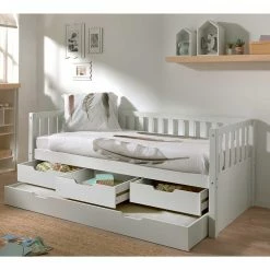 Kojenbett Mit Drei Schubladen & Ausziehbett - Probian -Valganios Sales kojenbett mit drei schubladen ausziehbett in weiss aus massivholz kiefer probian 02