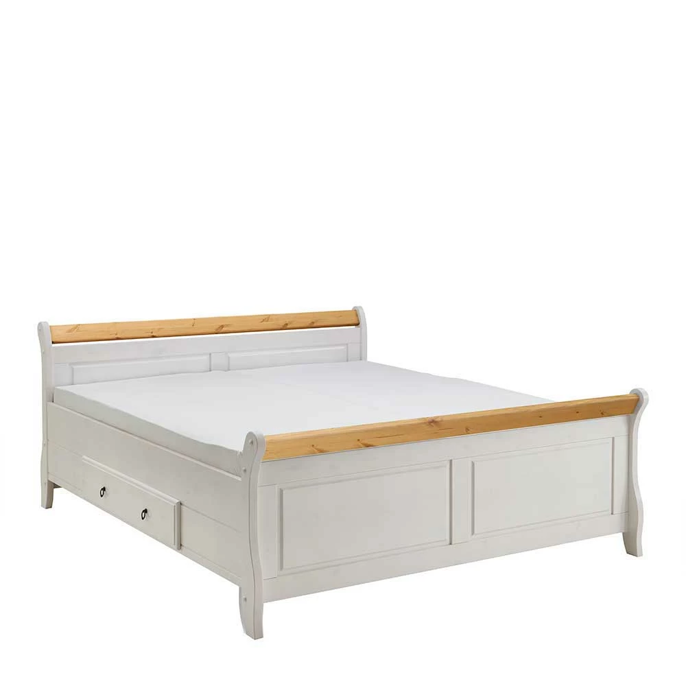 Landhaus Doppelbett & Nachtkommoden - Oradea (dreiteilig) Landhaus Doppelbett & Nachtkommoden - Oradea (dreiteilig) -Valganios Sales landhaus doppelbett nachtkommoden aus kiefer in weiss natur oradea 02