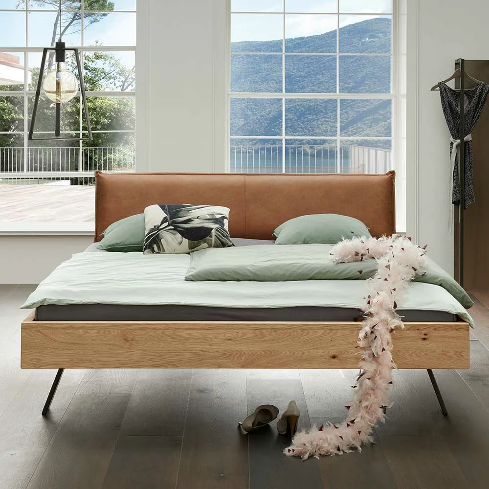 Loft Bett aus Wildeiche mit Polsterkopfteil - Yunves Loft Bett Aus Wildeiche Mit Polsterkopfteil - Yunves -Valganios Sales loft bett aus wildeiche mit polsterkopfteil kunstleder braun metallfuessen yunves 01