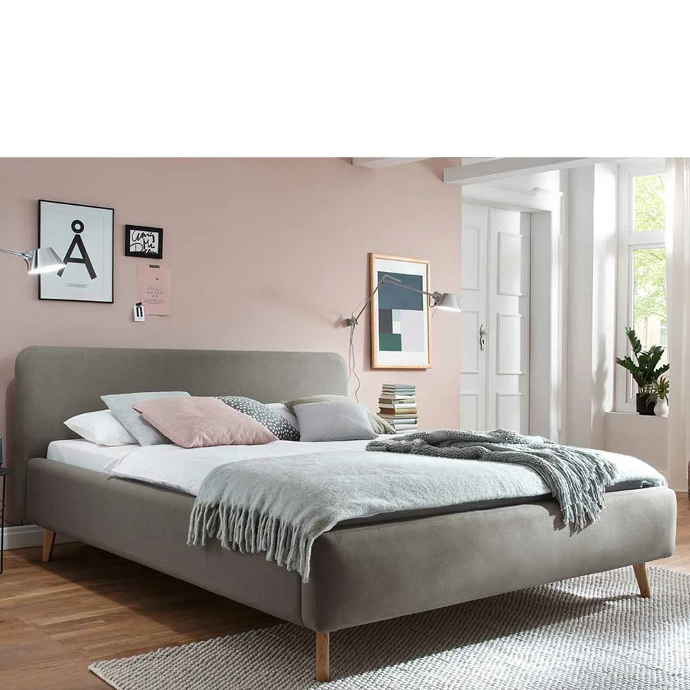 Modernes Stoff Doppelbett in Taupe - Vivien Modernes Stoff Doppelbett In Taupe - Vivien -Valganios Sales modernes stoff doppelbett in taupe mit holzbeinen in eiche vivien 01
