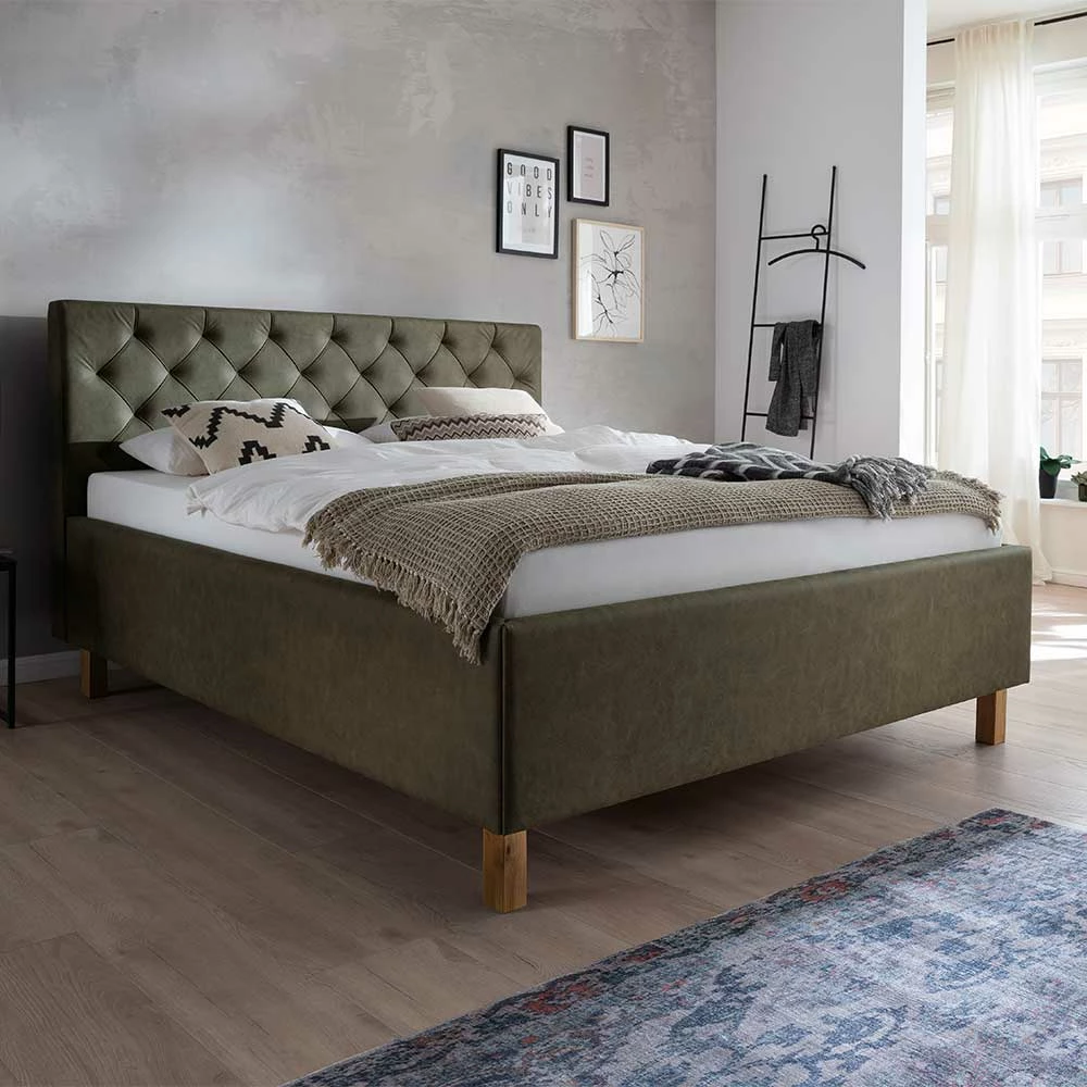 Polsterbett in Oliv Grün & Eiche - Miania Polsterbett In Oliv Grün & Eiche - Miania -Valganios Sales polsterbett in oliv gruen eiche mit bettkasten 160x200 180x200 miania 01