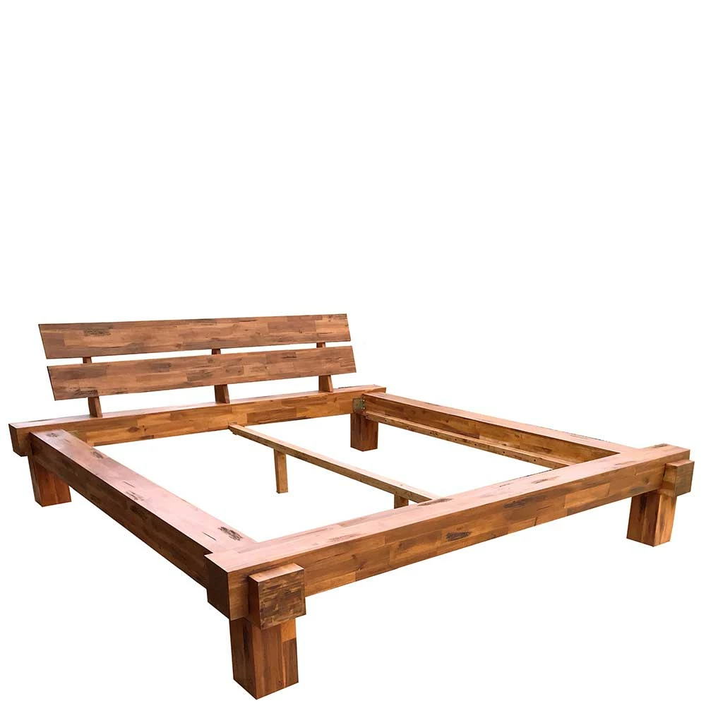 Rustikales Holz Bettgestell aus Balken Akazie - Telik Rustikales Holz Bettgestell Aus Balken Akazie - Telik -Valganios Sales rustikales holz bettgestell aus balken akazie mit antik finish telik 02