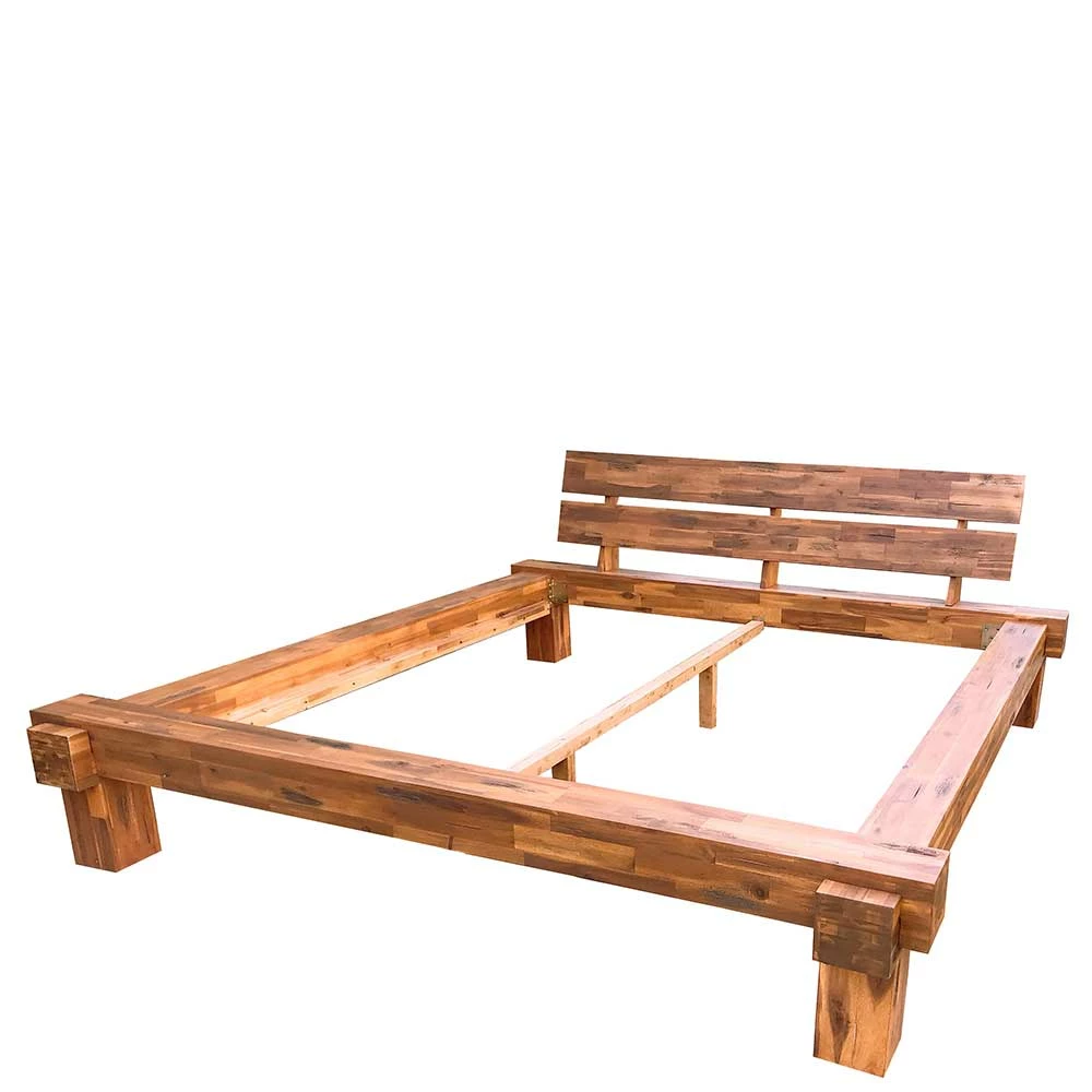 Rustikales Holz Bettgestell aus Balken Akazie - Telik Rustikales Holz Bettgestell Aus Balken Akazie - Telik -Valganios Sales rustikales holz bettgestell aus balken akazie mit antik finish telik f