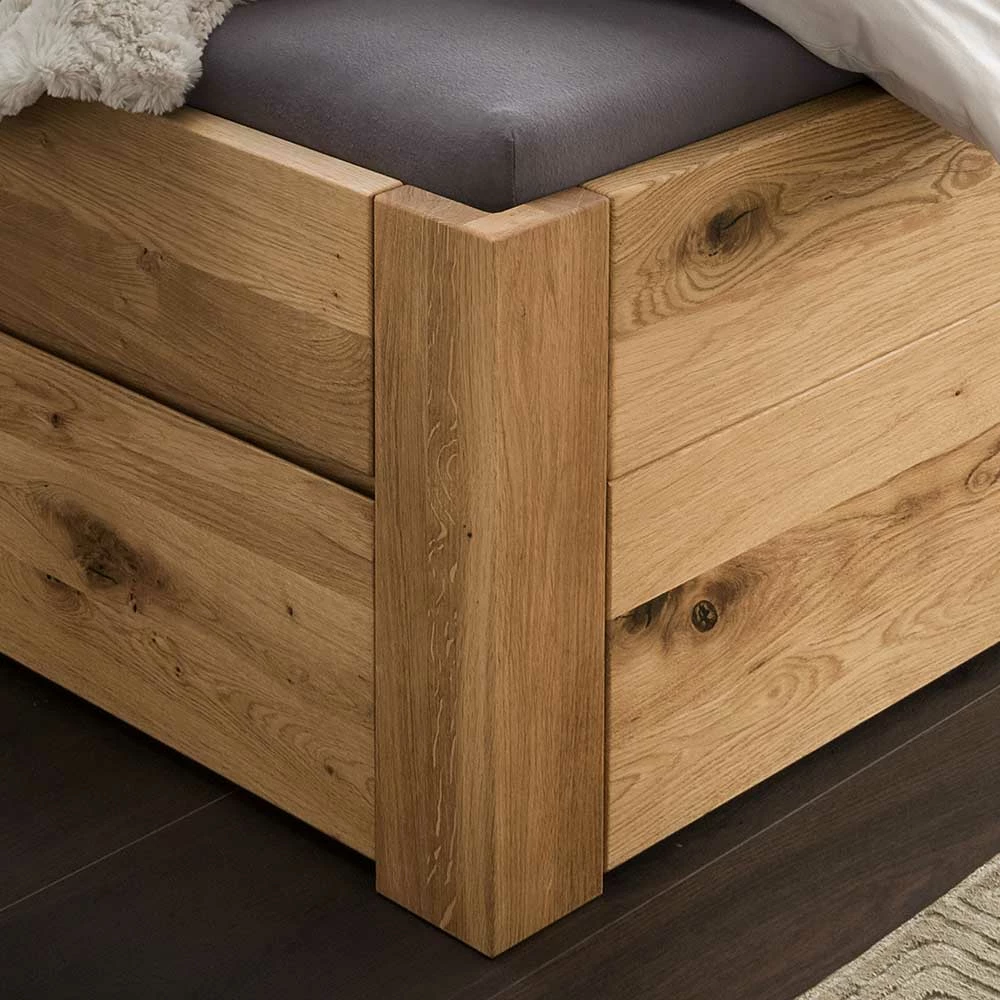Rustikales Stauraumbett aus Wildeiche massiv - Zennian Rustikales Stauraumbett Aus Wildeiche Massiv - Zennian -Valganios Sales rustikales stauraumbett aus wildeiche massiv mit braunem polsterkopfteil zennian 02