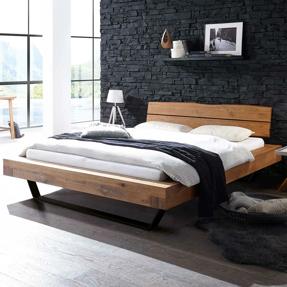 Rustikales Wildeiche Holzbett mit Metallkufen - Space Rustikales Wildeiche Holzbett Mit Metallkufen - Space -Valganios Sales rustikales wildeiche holzbett mit metallkufen in anthrazit space 01