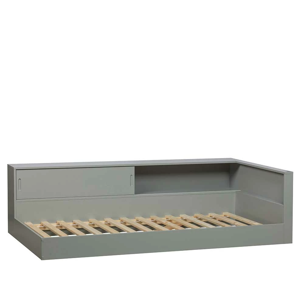 Skandi Bett mit Seitenregal in Grau - Aglio Skandi Bett Mit Seitenregal In Grau - Aglio -Valganios Sales skandi bett mit seitenregal in grau aus kiefer massivholz aglio f