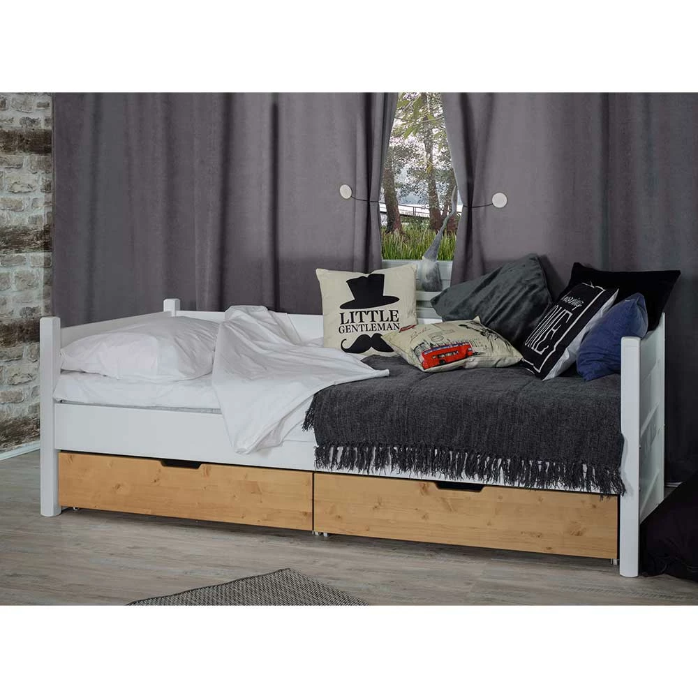 Stauraum Bettgestell mit zwei Schubkästen - Mancus Stauraum Bettgestell Mit Zwei Schubkästen - Mancus -Valganios Sales stauraum bettgestell mit zwei schubkaesten in weiss eichefarben mancus 01