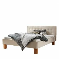 Webstoff Polsterbett In Beige & Natur Kernbuche - Shanny