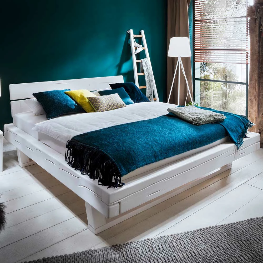 Weiß lasiertes Balkenbett aus Fichte - Starfish Weiß Lasiertes Balkenbett Aus Fichte - Starfish -Valganios Sales weiss lasiertes balkenbett aus fichte massivholz als doppelbett starfish 01