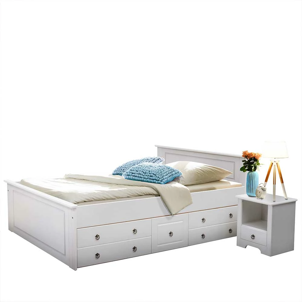 Weißes Bett & Nachttische - Velriva (dreiteilig) Weißes Bett & Nachttische - Velriva (dreiteilig) -Valganios Sales weisses bett nachttische aus kiefer massivholz velriva f