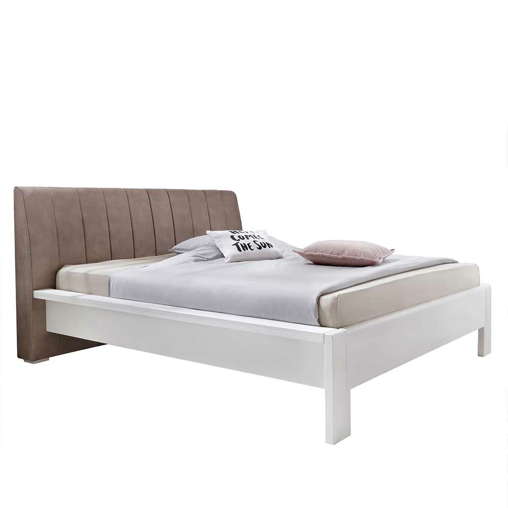 Weißes Holzbett Pinie Mit Braunem Polster-Kopfteil - Altona 3 Weißes Holzbett Pinie Mit Braunem Polster-Kopfteil - Altona