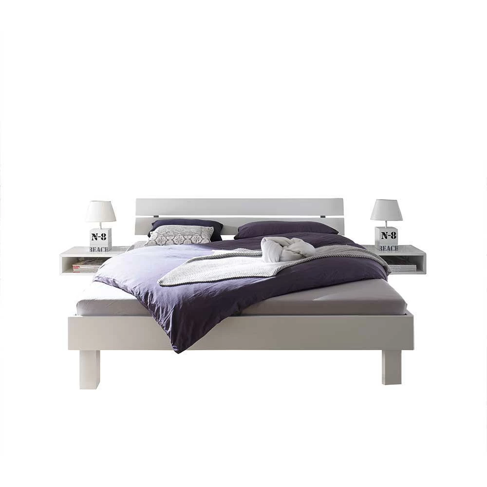 Weißes Massivholzbett & Nachttische - Mero (dreiteilig) Weißes Massivholzbett & Nachttische - Mero (dreiteilig) -Valganios Sales weisses massivholzbett nachttische aus lackierter buche mero f