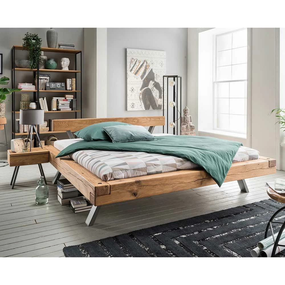 Wildeiche Balkenbett Set 4 Größen - Chaya (dreiteilig) Wildeiche Balkenbett Set 4 Größen - Chaya (dreiteilig) -Valganios Sales wildeiche balkenbett set 4 groessen mit metallfuessen chaya 01