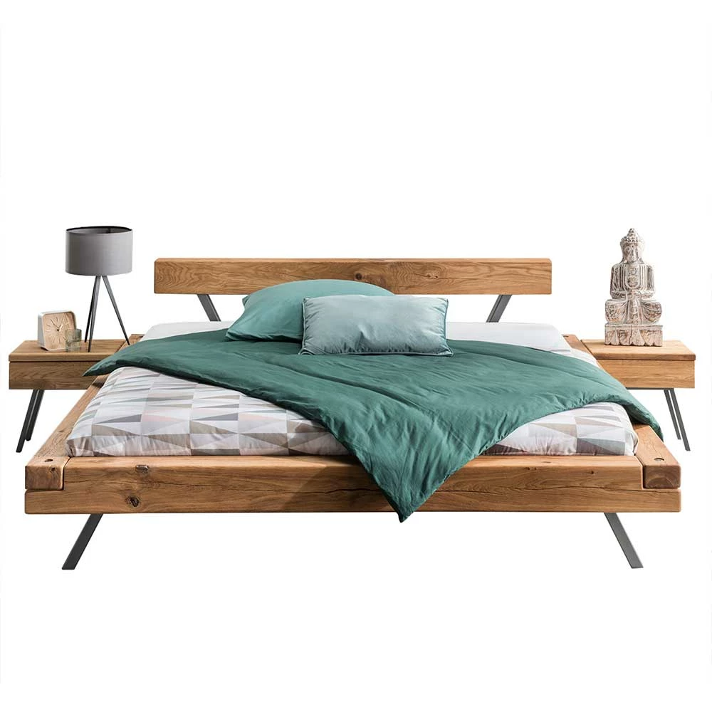 Wildeiche Balkenbett Set 4 Größen - Chaya (dreiteilig) Wildeiche Balkenbett Set 4 Größen - Chaya (dreiteilig) -Valganios Sales wildeiche balkenbett set 4 groessen mit metallfuessen chaya f