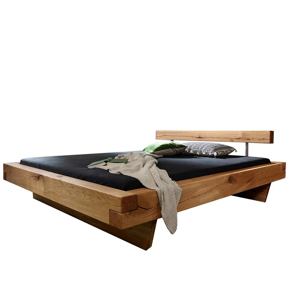 Wildeiche Balkenholz Bett mit Balkenkopfteil - Veteno Wildeiche Balkenholz Bett Mit Balkenkopfteil - Veteno -Valganios Sales wildeiche balkenholz bett mit balkenkopfteil in schwebeoptik veteno 01
